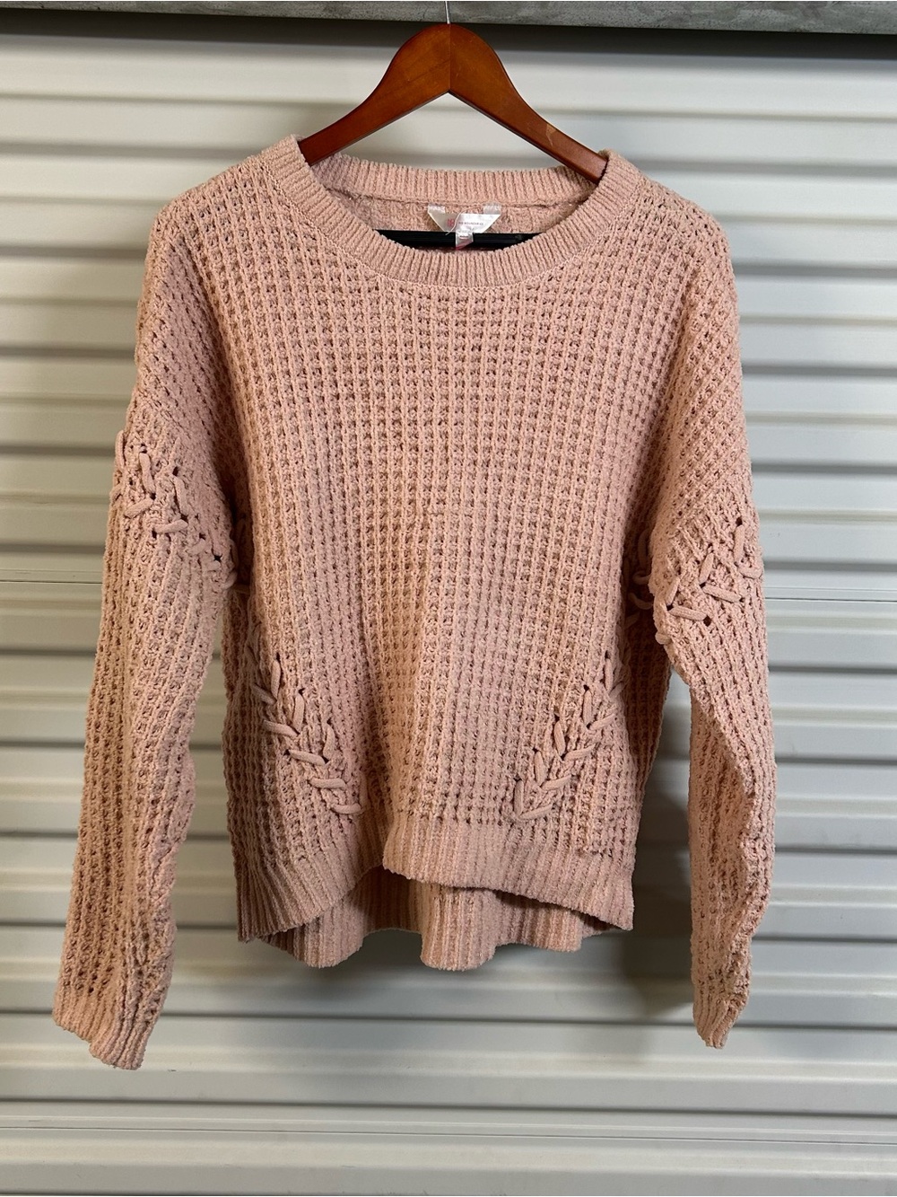 No Boundaries Dusty Pink Braided Waffle Knit Crew Sweater